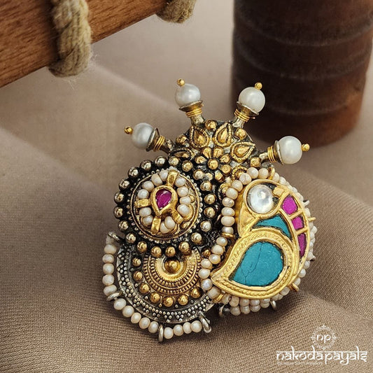 Torquoise Kundan Pearled Peocock Finger Ring (F2877)