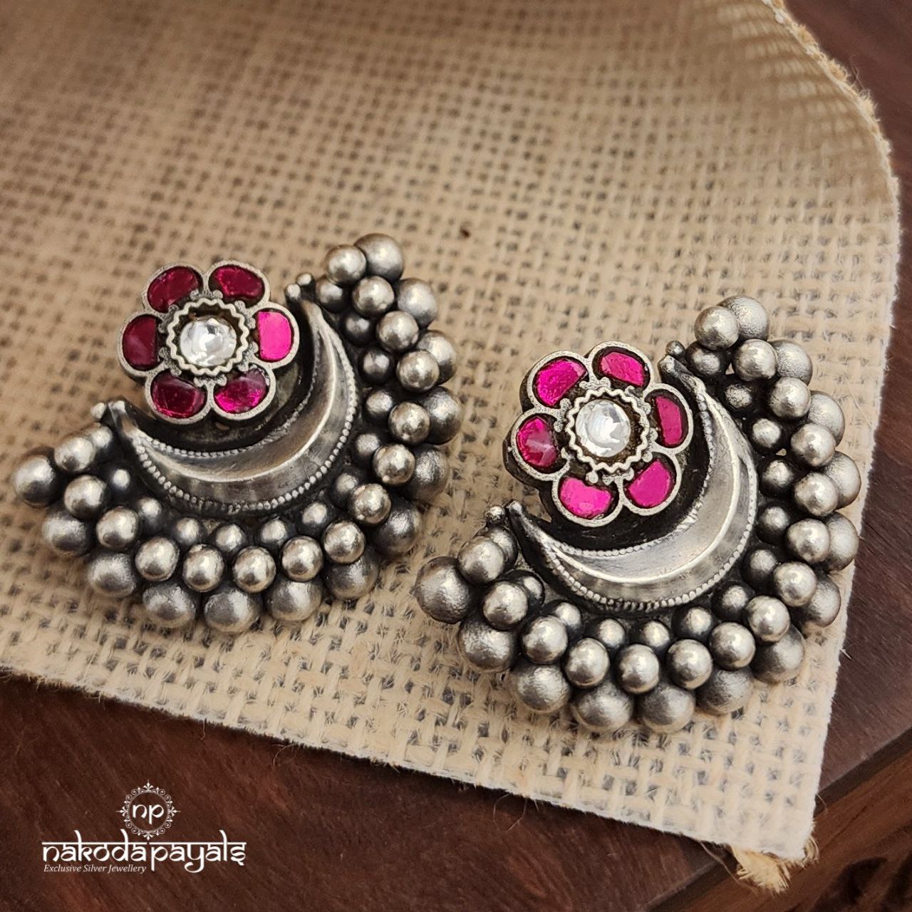 White Dot Pink Kundan Hafe Moon Chandbali (S3550)