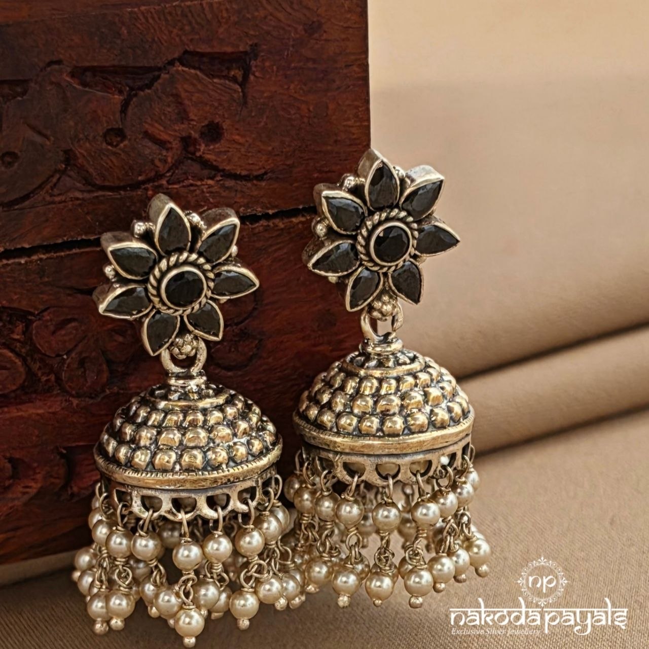 Oxidised Black Floral Pearly Jhumka (J1751)