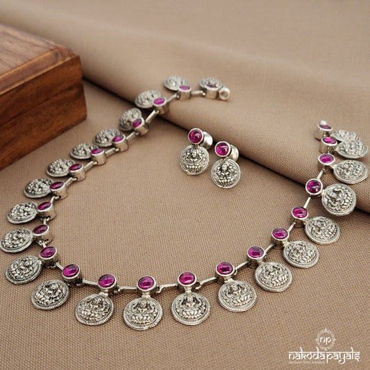 Pink Lakshmi Kasu Neckpiece With Earrings (N11371)