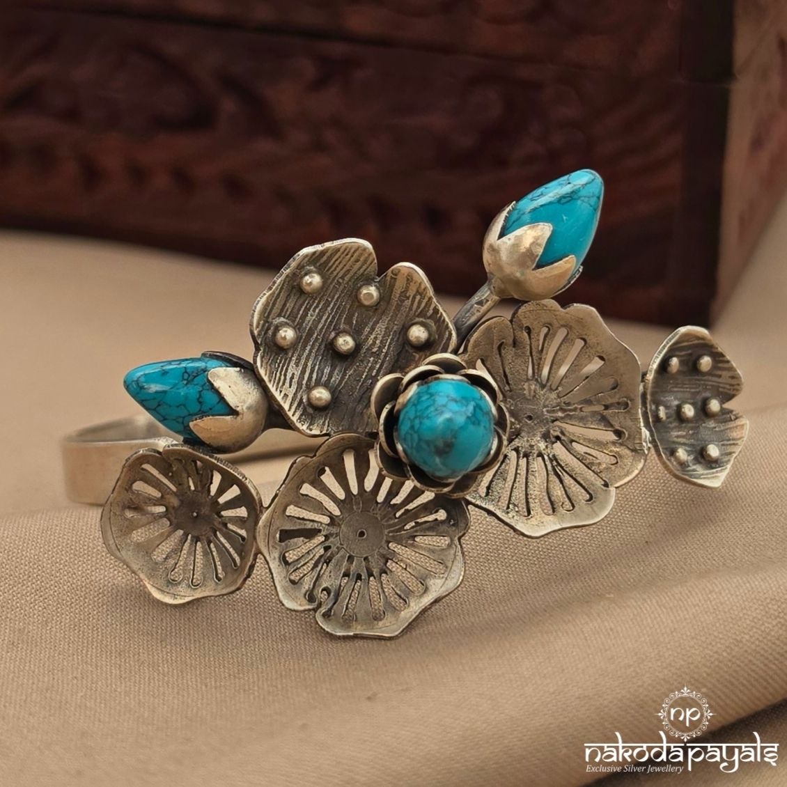 Turquoise Floral Adjustable Kada (K6356)