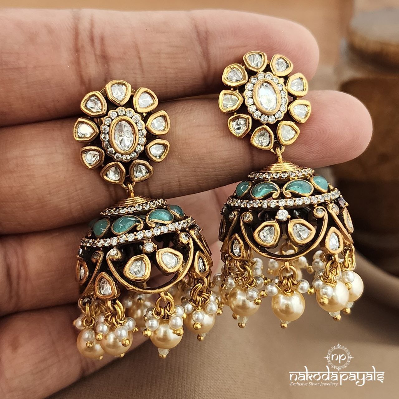 Pearled Drop Green Neckpiece With Earrings (Gn9435)