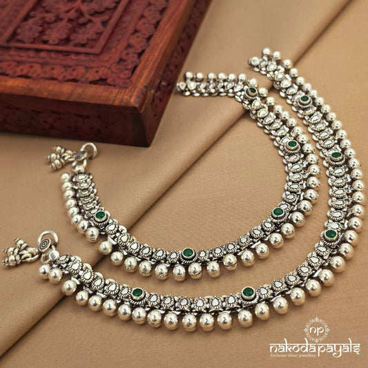 Ball Laced Green Cutstone Anklets (A6895)