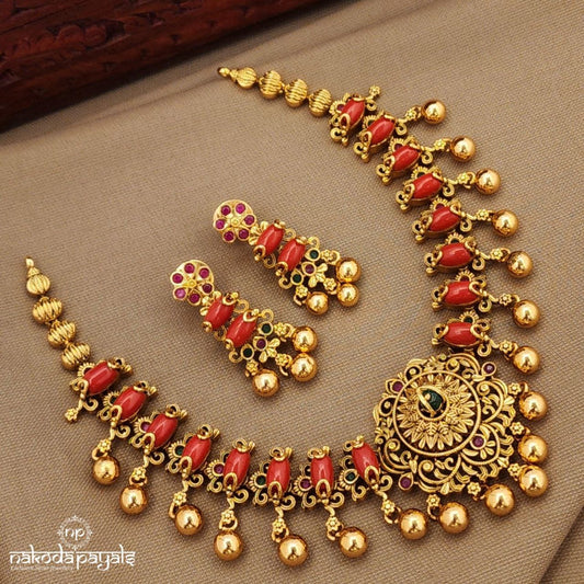 Ball Drop Coral Neckpiece With Earrings (Gn9991)
