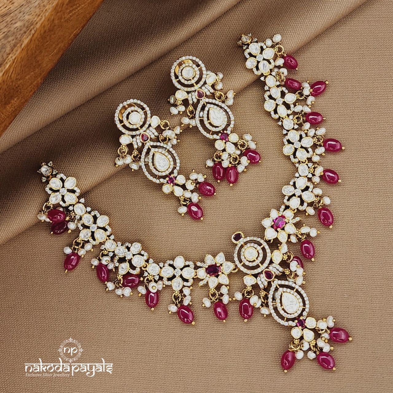 Pink Moissanite Neckpiece With Earrings (Gn9509)