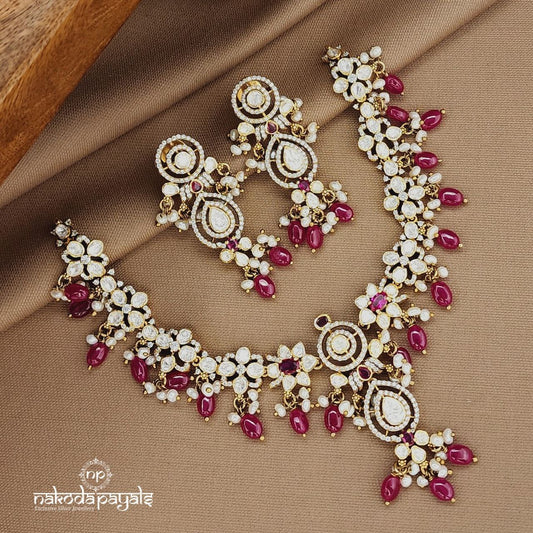 Pink Moissanite Neckpiece With Earrings (Gn9509)
