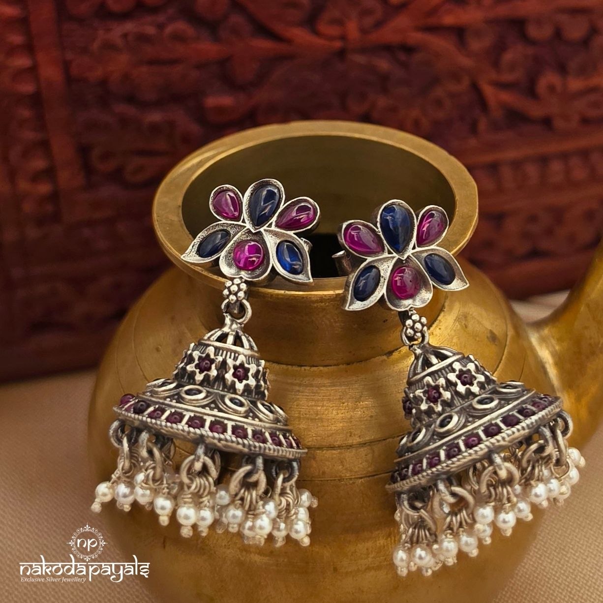 Lotus Blue & Pink Jhumka (J1618)