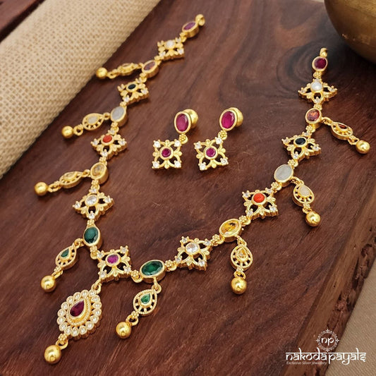 Navaratna Oval Neckpiece With Earrings (Gn9625)