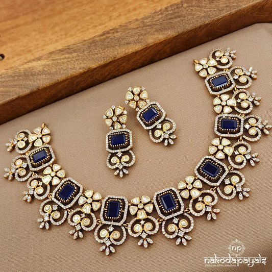 Rectangular Blue Neckpiece With Earrings (Gn9437)