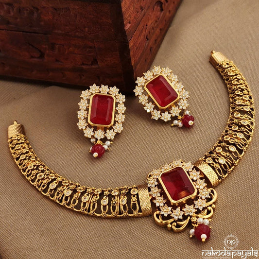 Rectangular Red Neckpiece With Earrings (Gn9994)