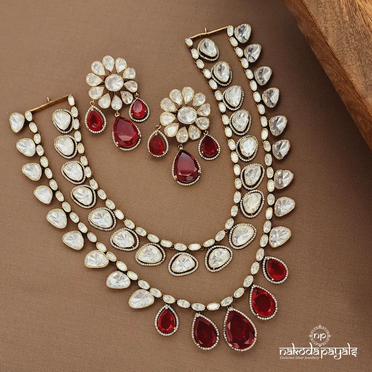 Red  Drop Moissanite Neckpiece With Earrings (Gn9528 )