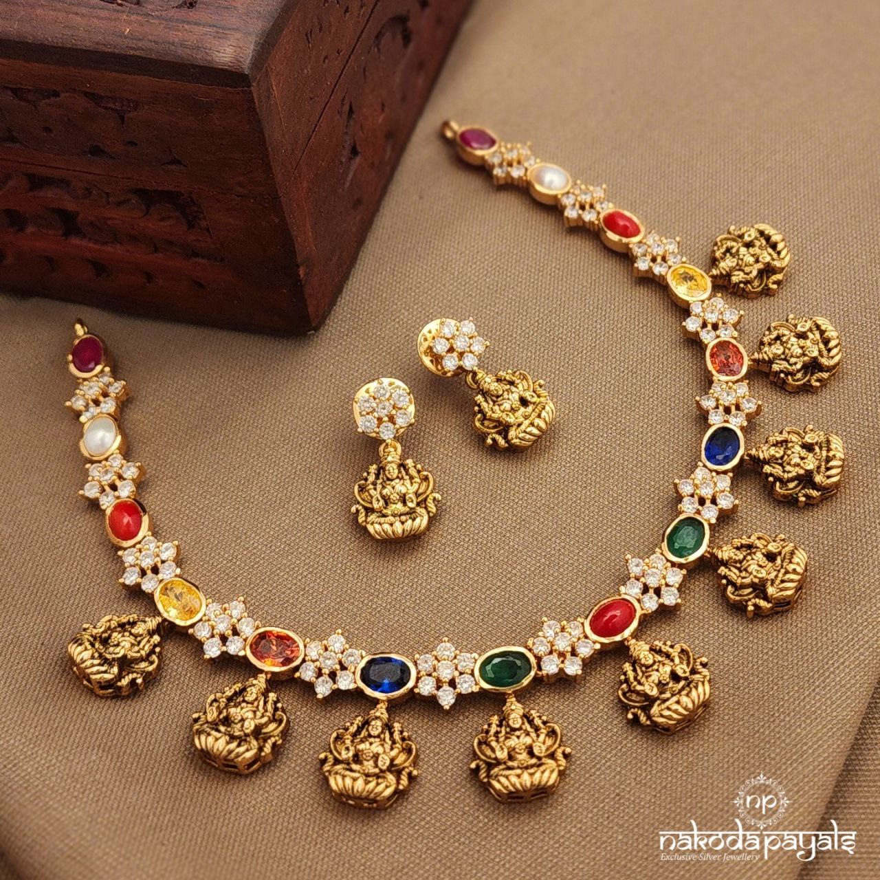Navaratna CZ Neckpiece With Earrings (Gn9998)