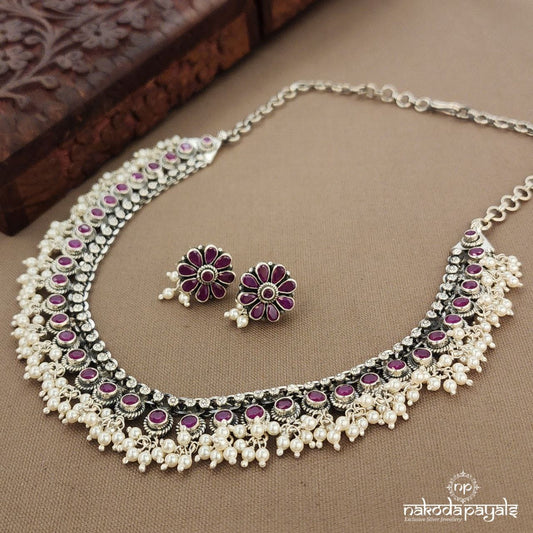 Dotted Pink Neckpiece With Earrings (N11458)
