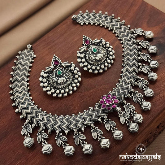 Pink Squarish Neckpiece With Earrings (N11409)