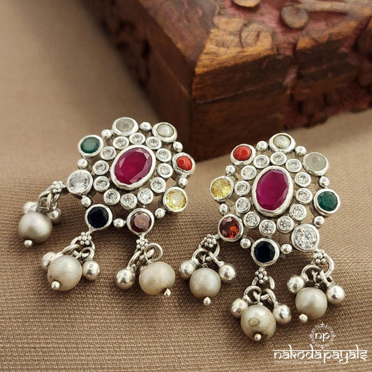 Oval Navaratna Pearled Drop Studs (S3829)
