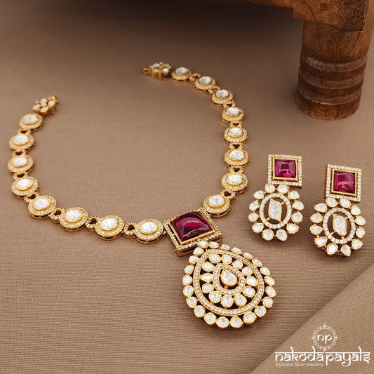 Ruby Squarish Neckpiece With Earrings (Gn9510)