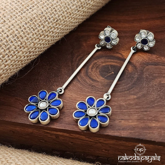 Royal Blue Flower Drop Kundan Earrings (C3226)