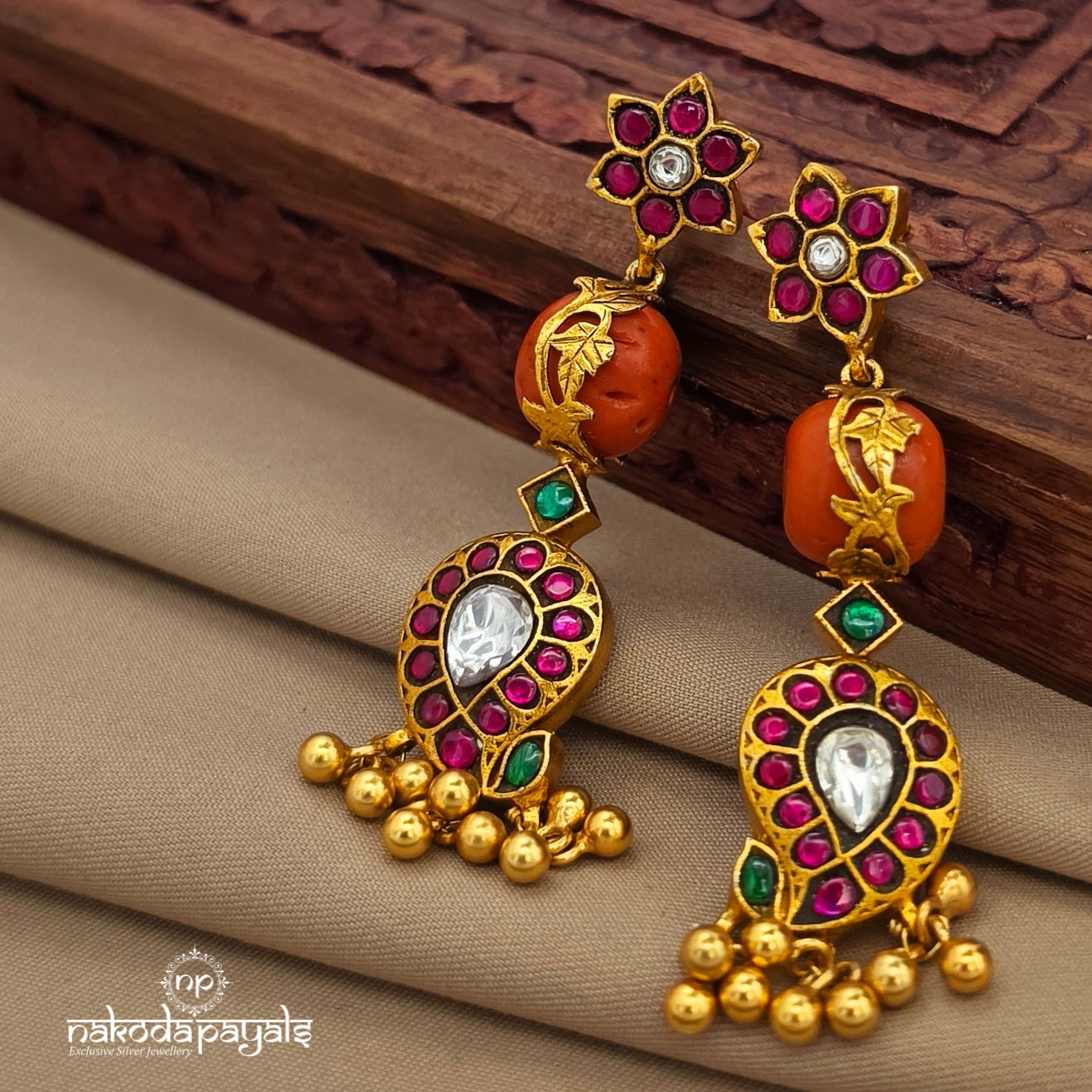 Coral Floral Kundan Earrings (Ge10944)
