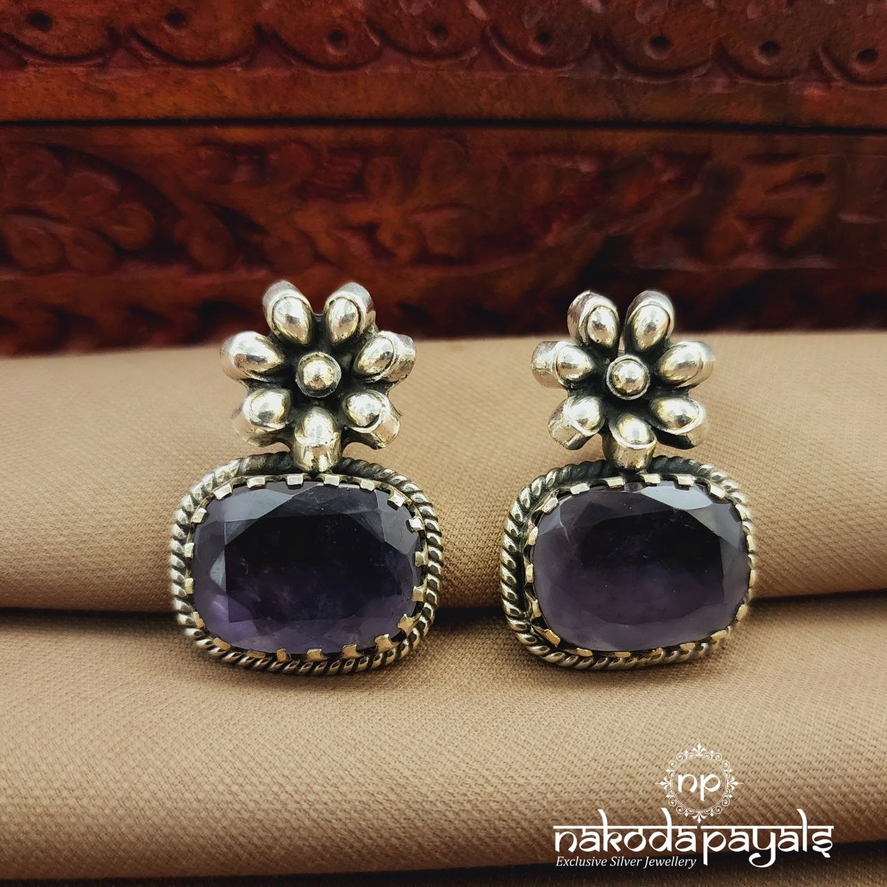 Oxidised Amethyst Chandbali (C3951)