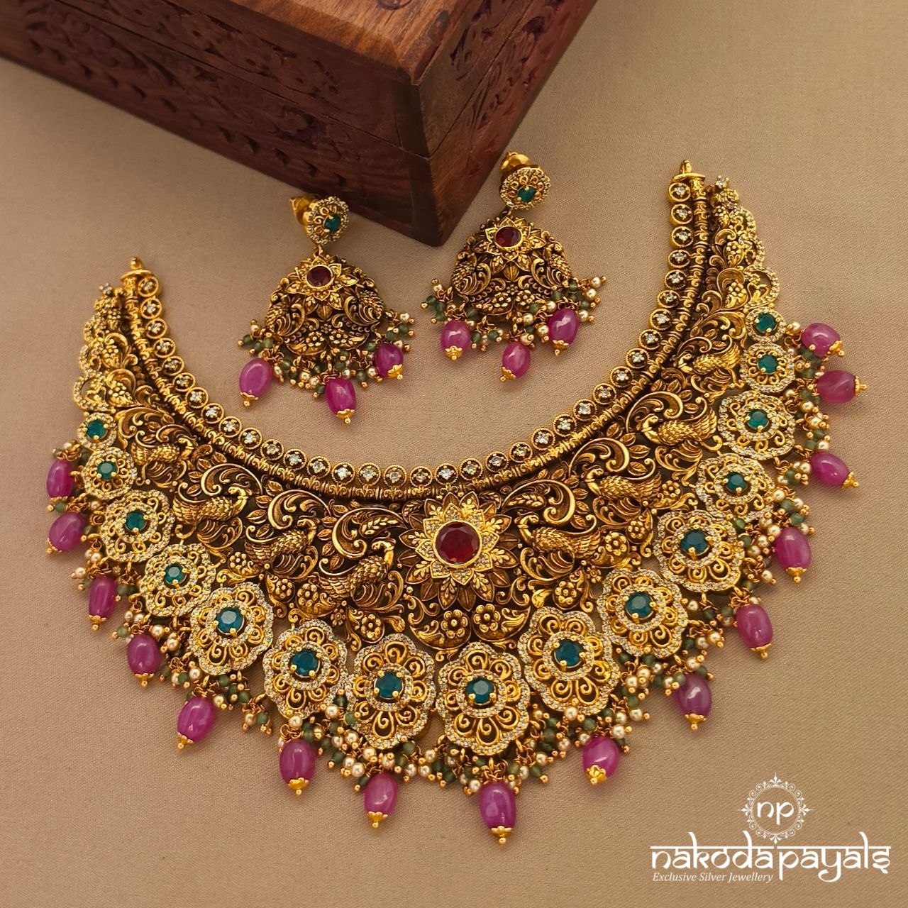 Elegant Peacock Floral Neckpiece With Earrings (Gn10708)