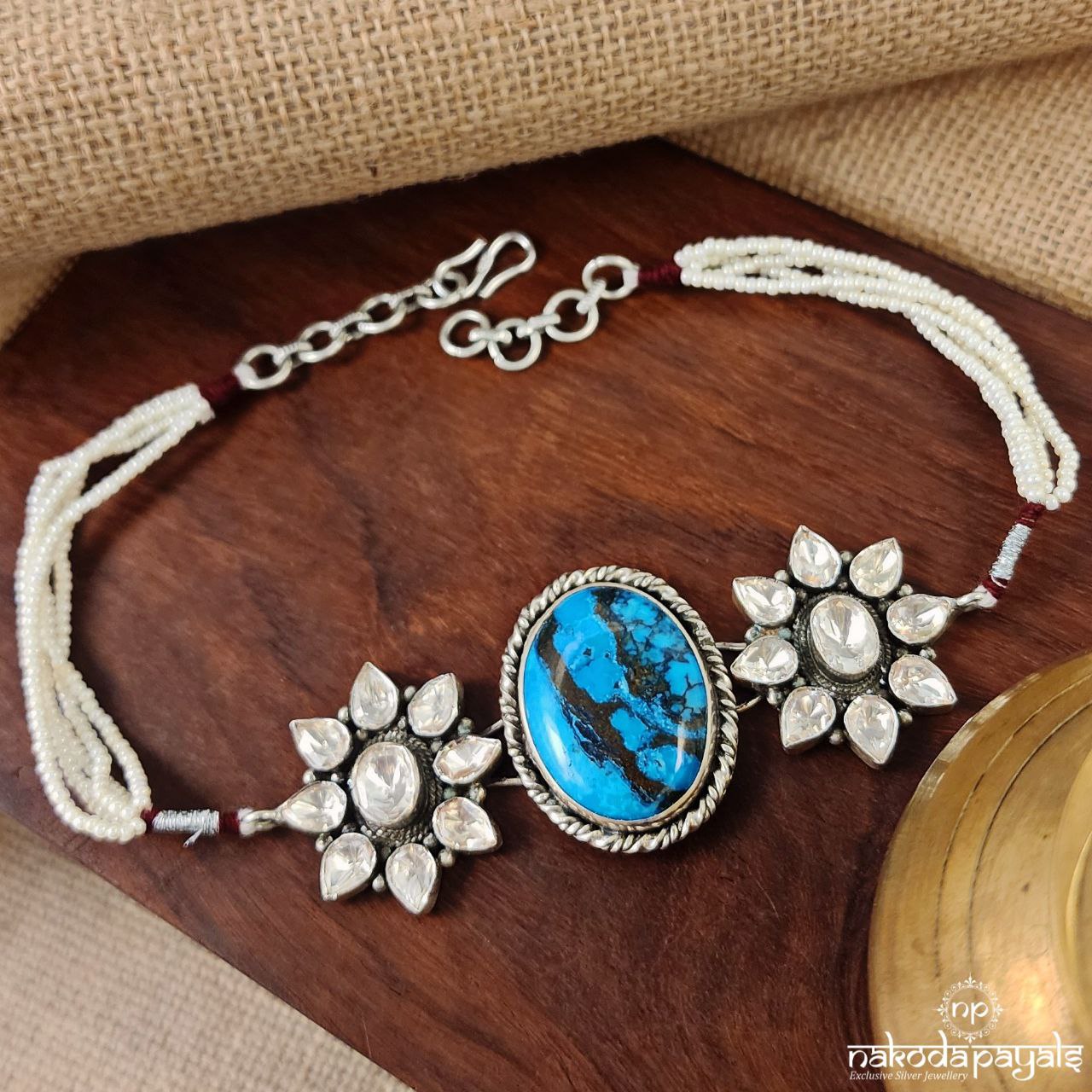 Oval Turquoise Pearled Choker (N10610)