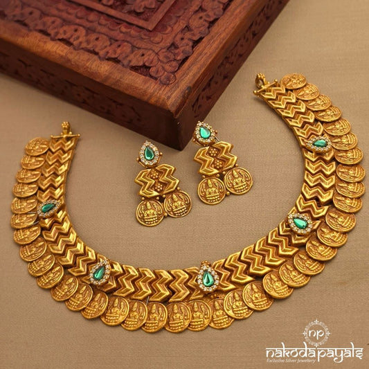 Green Lakshmi Kasu Neckpiece With Earrings (Gn10343)