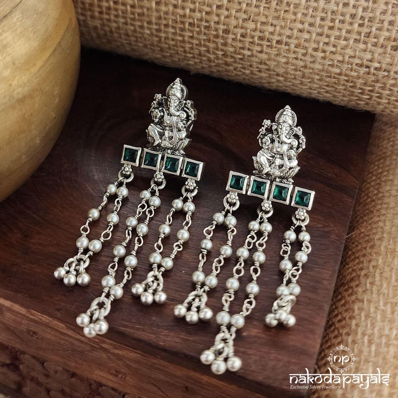 Ganesha Squarish Green Earrings (C3290)