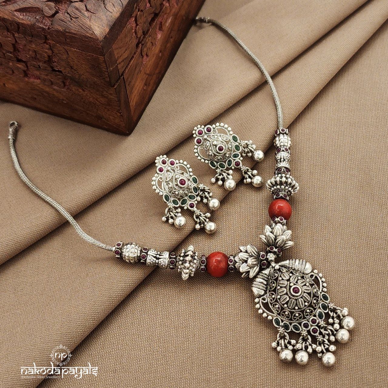 Coral Pink Neckpiece With Earrings (N11379)