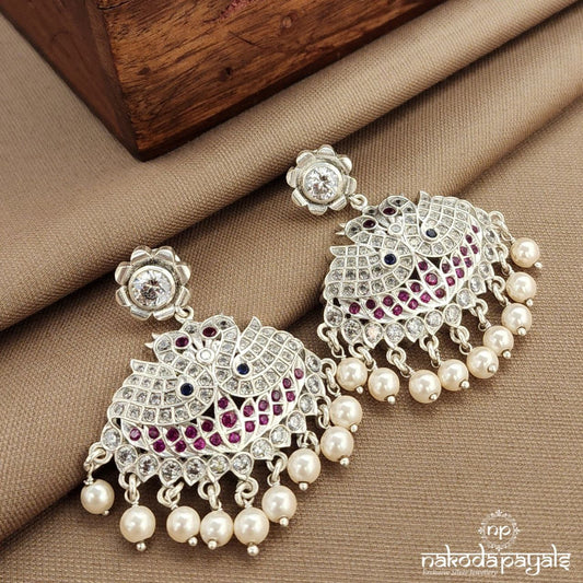 Twin Peacock Pearled Drop Earrings (C3789)