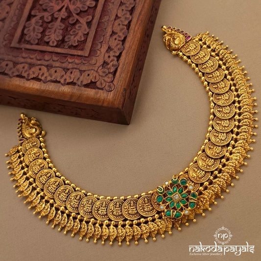 Green Floral Peacock Lakshmi Coin Neckpiece (Gn10656)