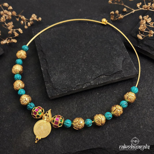 Turquoise Ball Lakshmi Coin Hasli  (Gn8735)