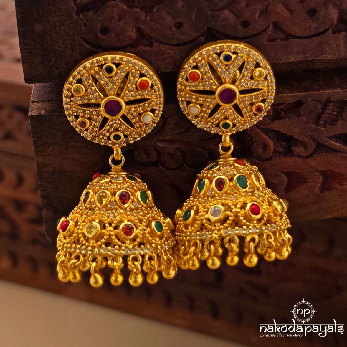 Circular Navaratna Ball Drop Jhumka (Ge11343)