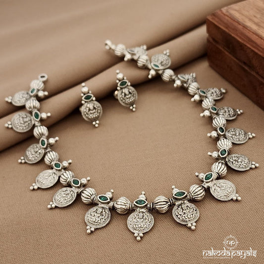 Green Lakshmi Kasu Neckpiece With Earrings (N11370)