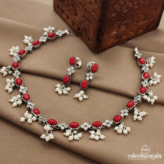 Coral Oval Neckpiece With Earrings (N11267)