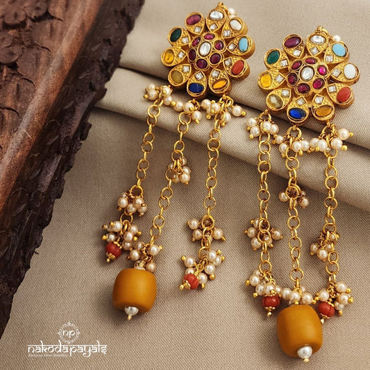 Navaratna Sunset Coral Drop Earrings (Ge8764)