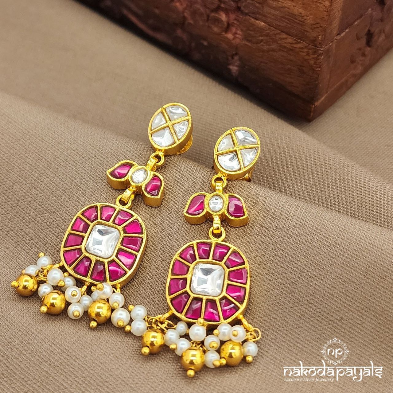 Lotus Pink Kundan Earrings (Ge10149)