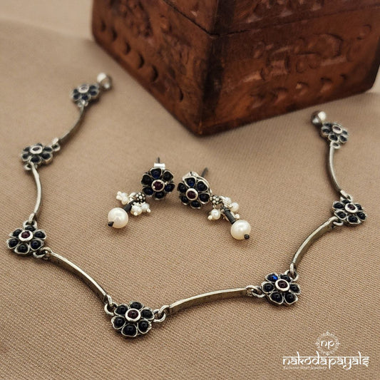 Blue Floral Neckpiece With Earrings (N11264)
