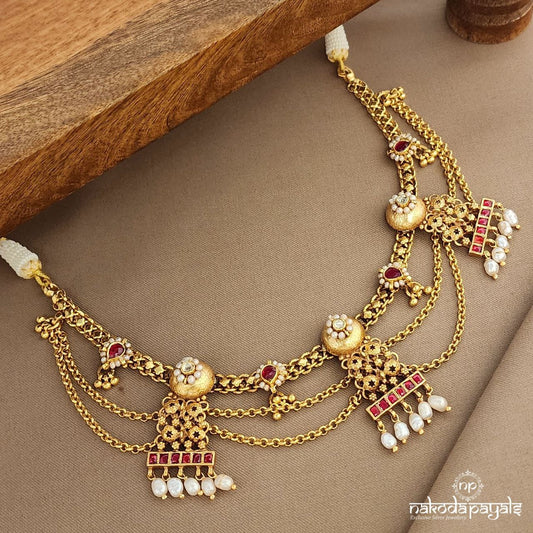 Chained Pearled White Drop Neckpiece (Gn9403)
