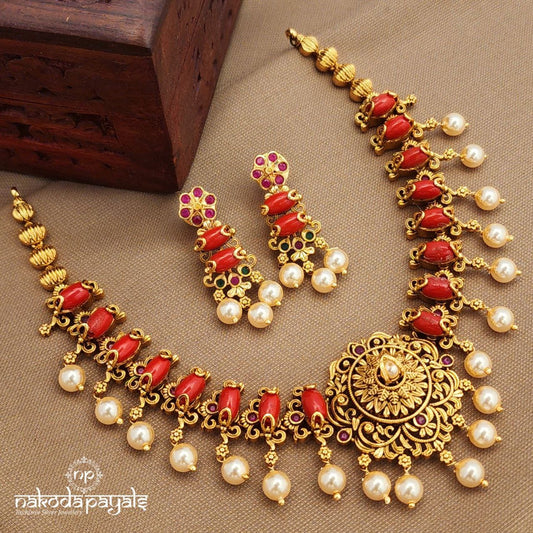 Pearled Drop Coral Neckpiece With Earrings (Gn9992)