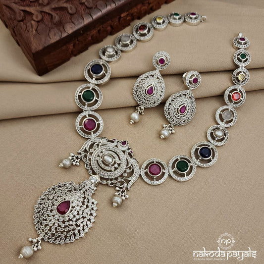 Glittering Navaratna Neckpiece With Earrings (N10470)