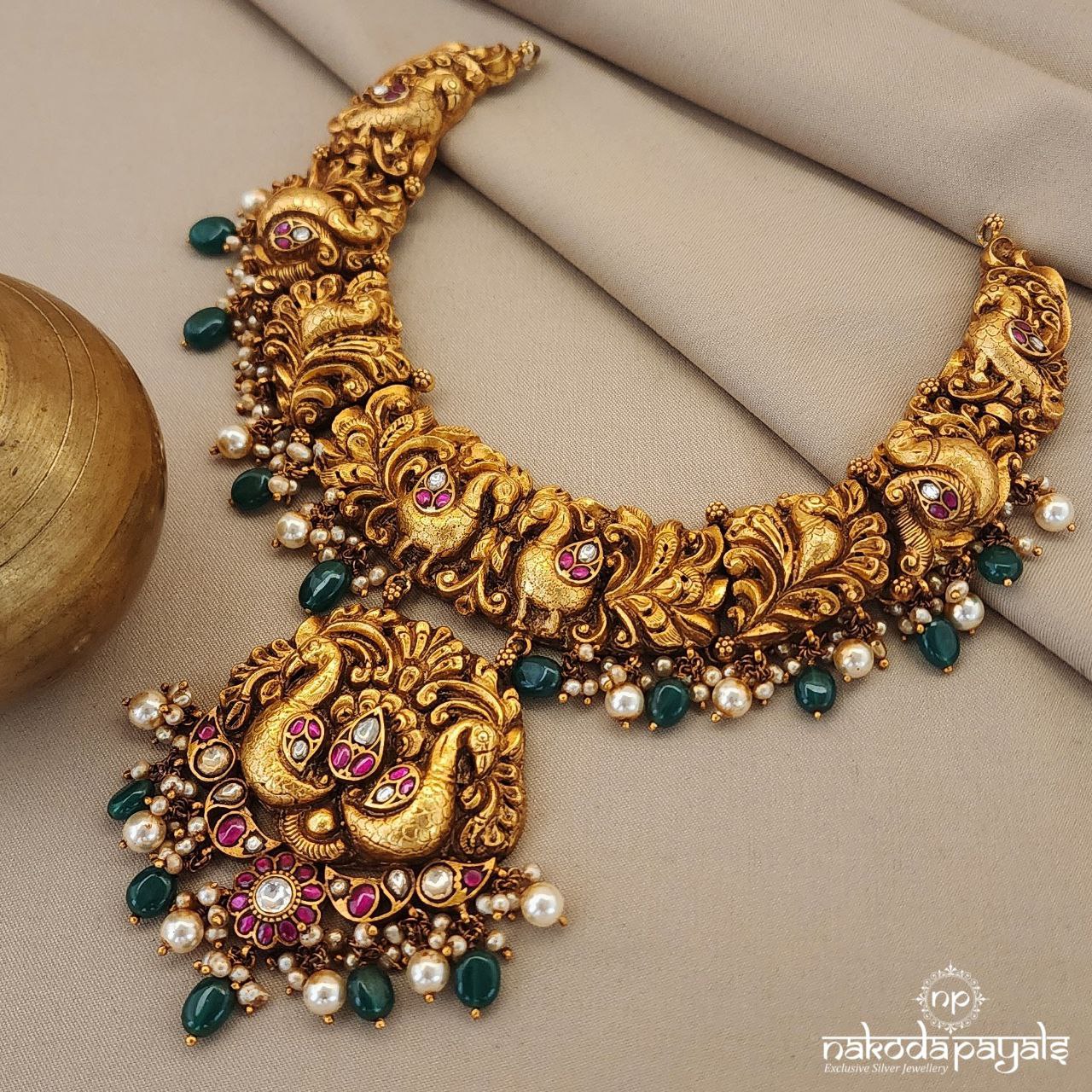 Twin Peacock Pearl Drops Kundan Neckpiece (Gn8514)