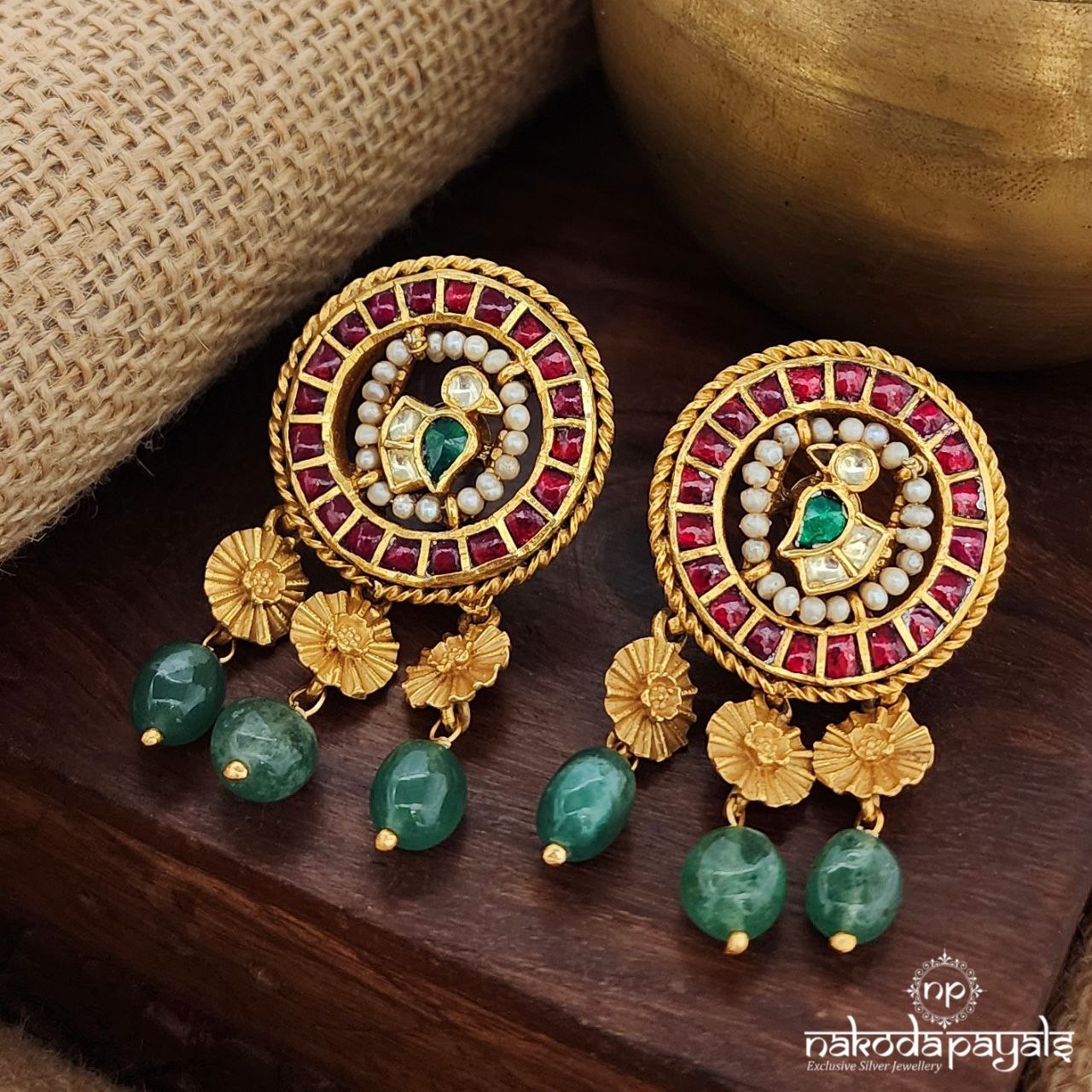 Peacock Green Drop Kundan Earrings (Ge9891)