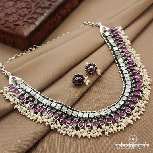 Squarish Pink Neckpiece With Earrings (N11459)