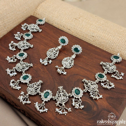 Emerald Green Lakshmi Neckpiece With Earrings (N10563)