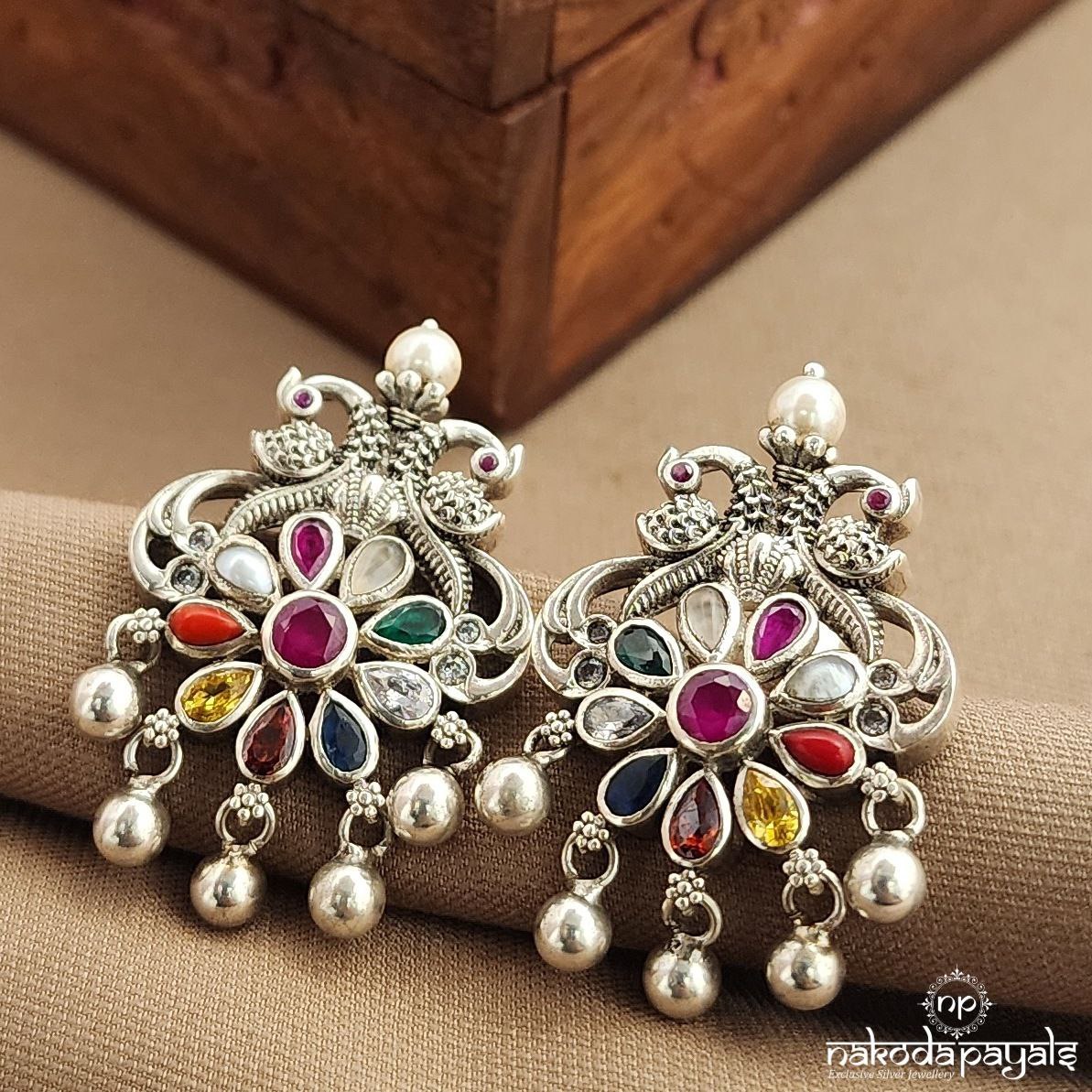 Twin Peacock Navaratna Studs (S3739)