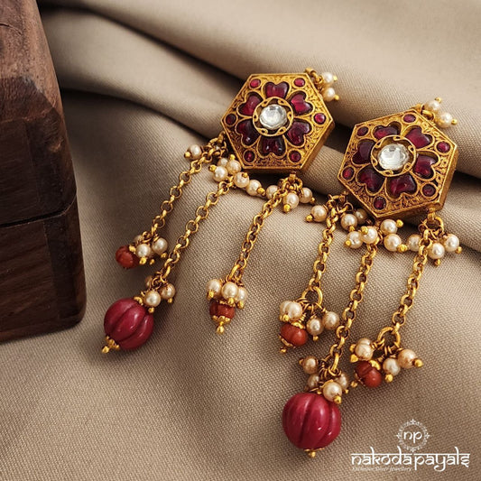 Red Kundan Coral Drop Earrings (Ge8760)