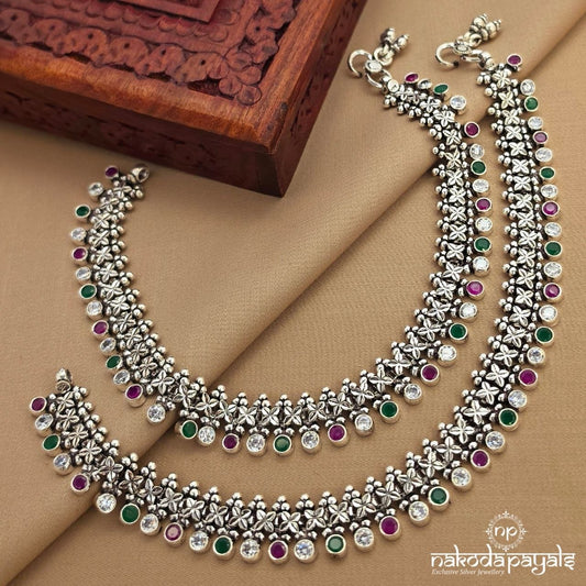 Multicolored Cutstone Laced Anklets (A6896)
