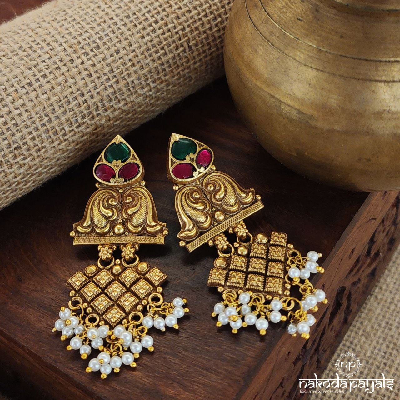 Green & Pink Floral Earrings (Ge8544)