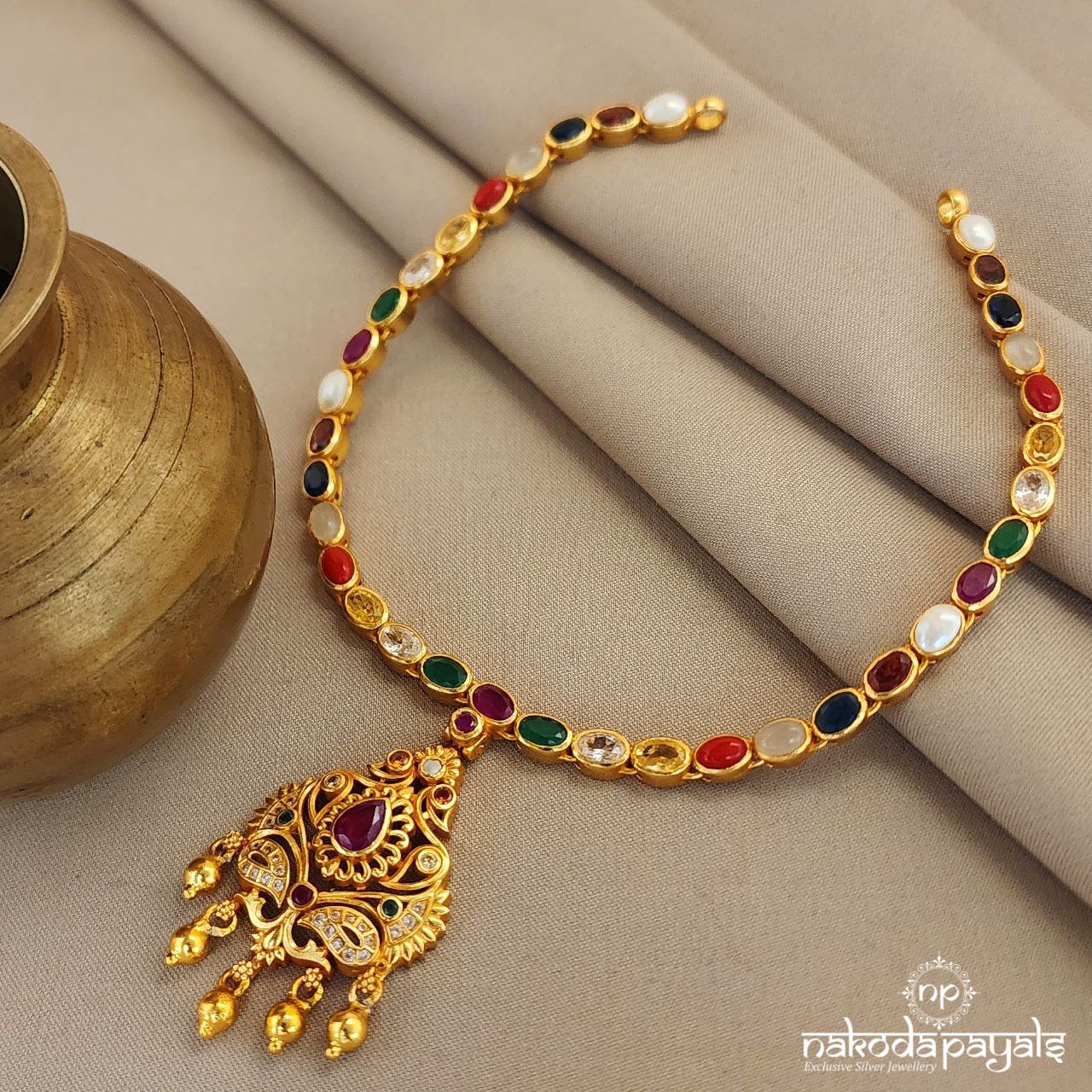 Twin Peacock Navaratna Neckpiece (Gn8534)