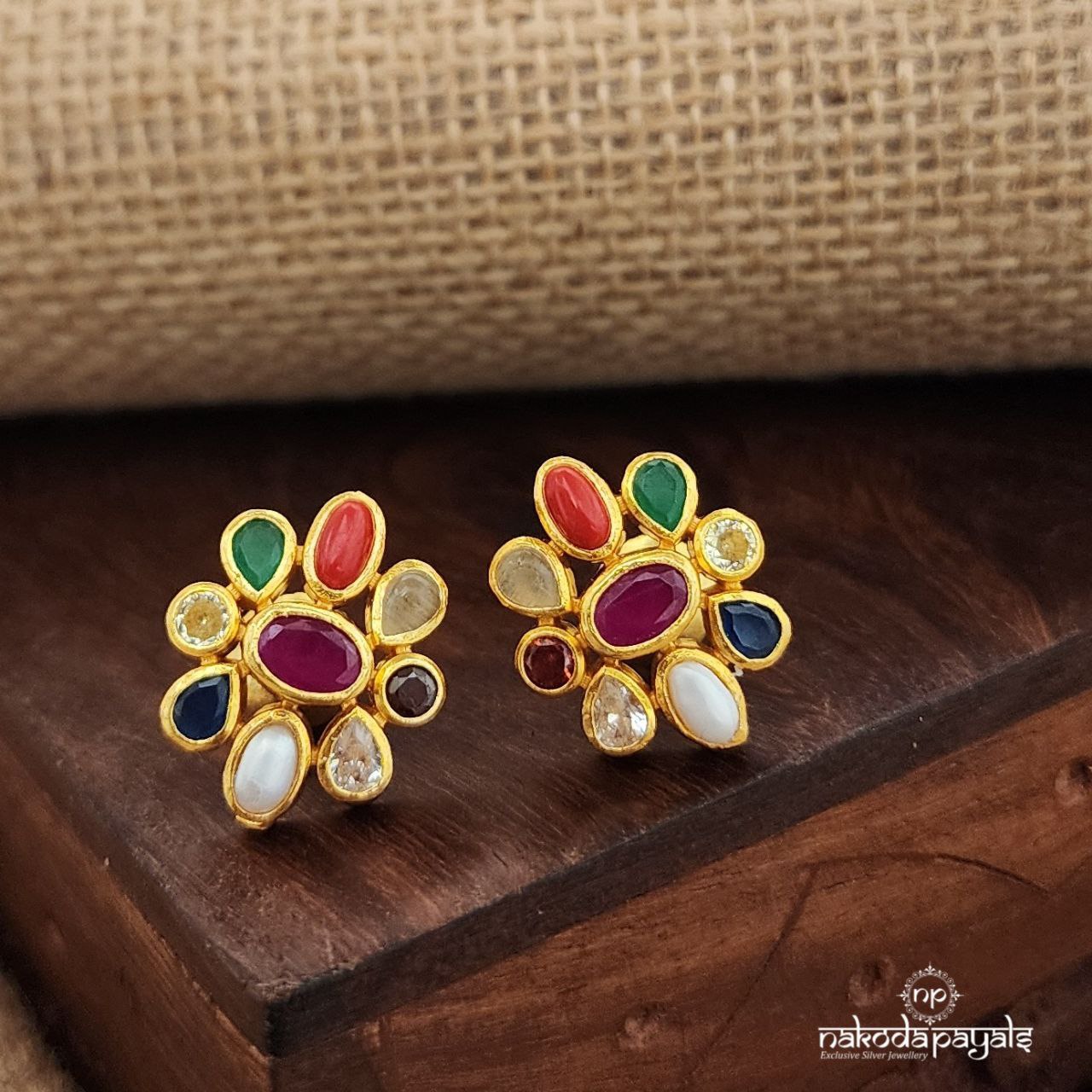 Pink Oval Navaratna Studs (Ge9356)